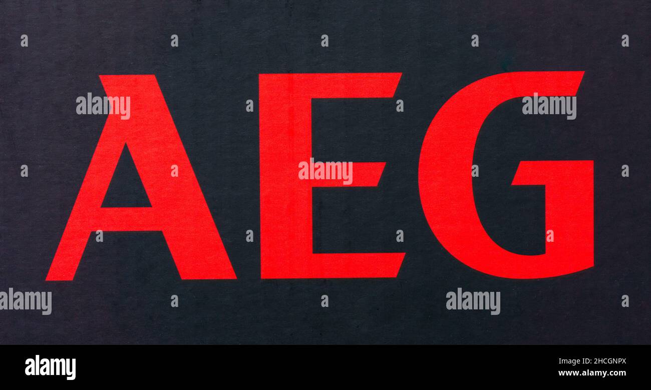 The logo of the brand 'AEG' printed on a black parcel. Allgemeine Elektricitaets-Gesellschaft was German producer of electrical equipment, in 2005 now Stock Photo