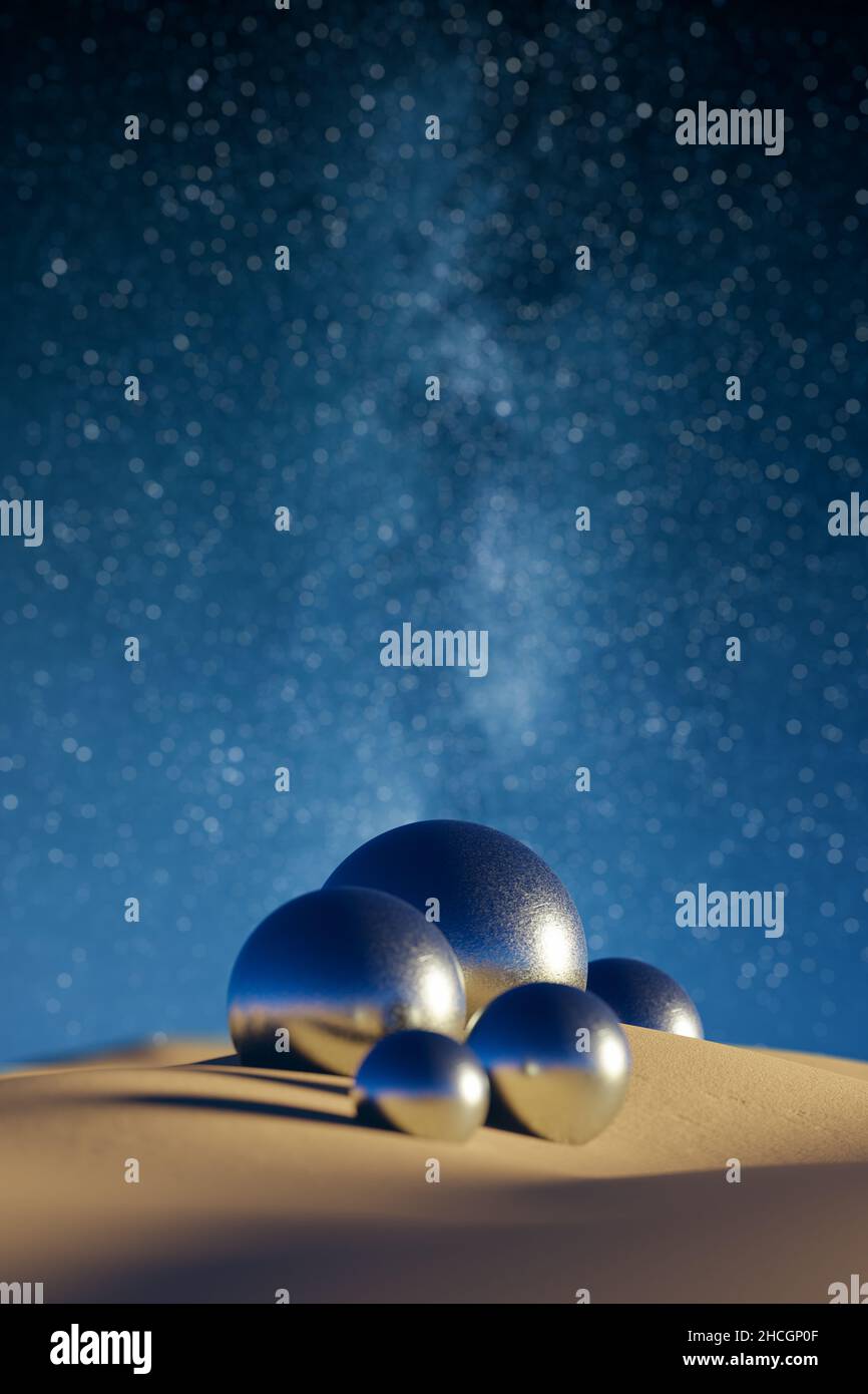 Abstract 3D background of metal spheres on sand against stars of the milky way in the sky. Selective focus on the middle sphere. Epic scifi landscape. Stock Photo