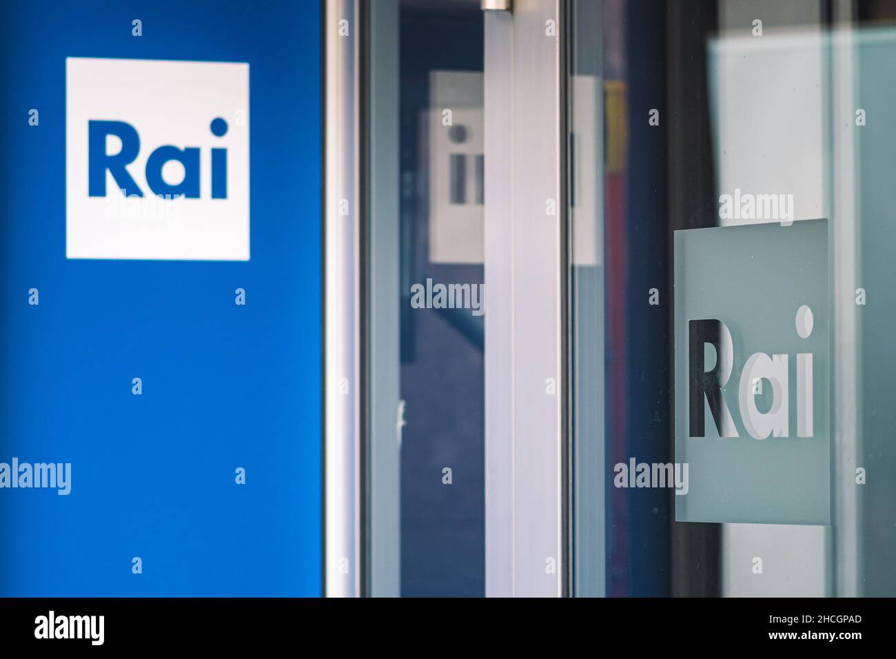 RAI Radio Televisione Italiana, logo of Italian state radio and television on the door of the entrance of the headquarter Stock Photo