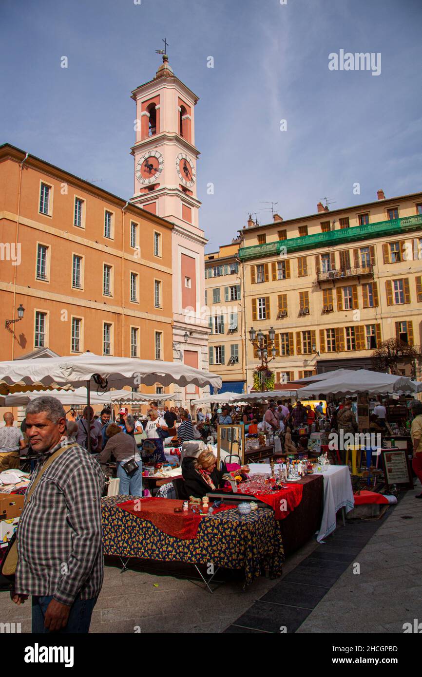 People at open air antique and flea market in Old Town of Nice, France. Nice, France - september 27, 2021. Stock Photo
