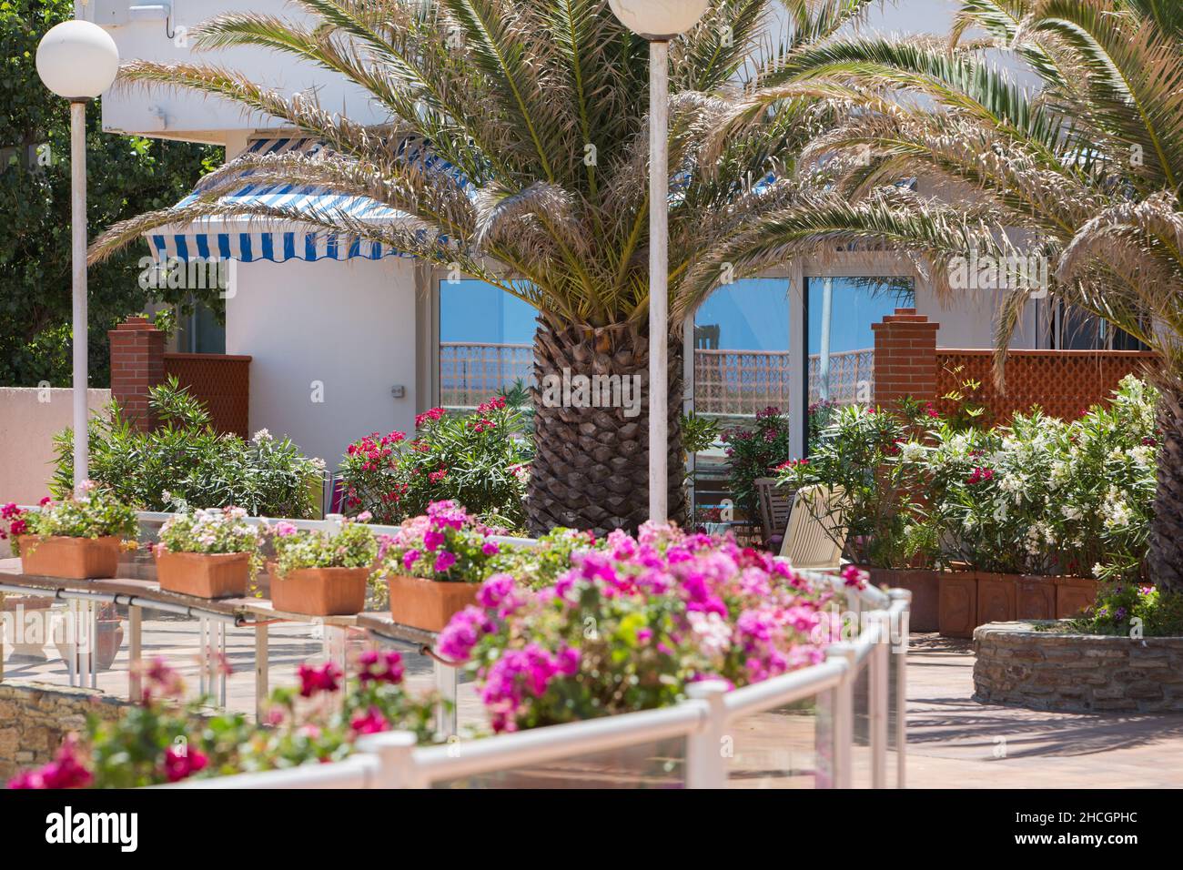 A floral display at the Lydia Playa apartment block in le barcares, South of France Stock Photo