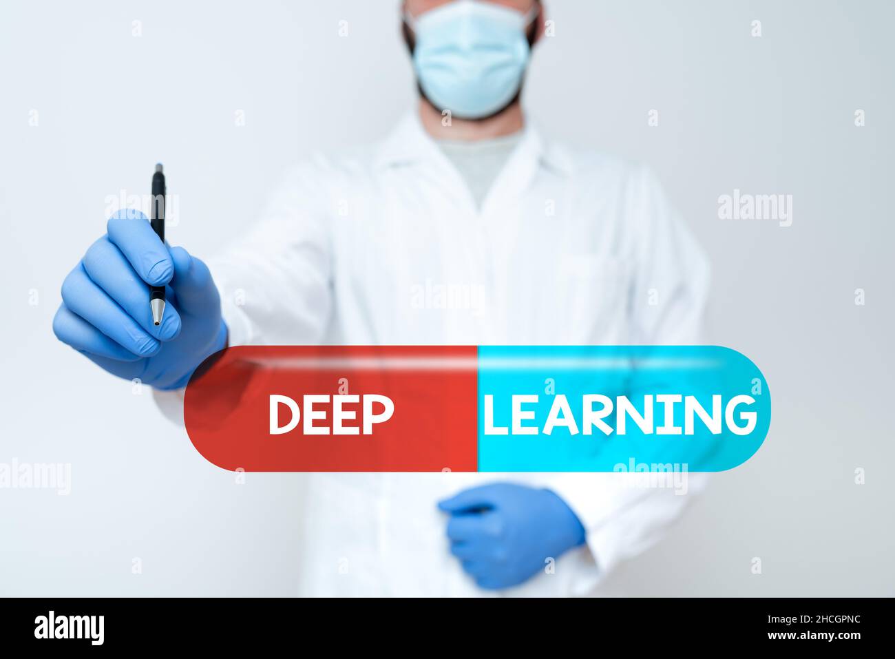 Sign displaying Deep Learning. Word for Hierarchical Abstractions Artificial Intelligence Algorithm Scientist Demonstrating New Technology, Doctor Stock Photo