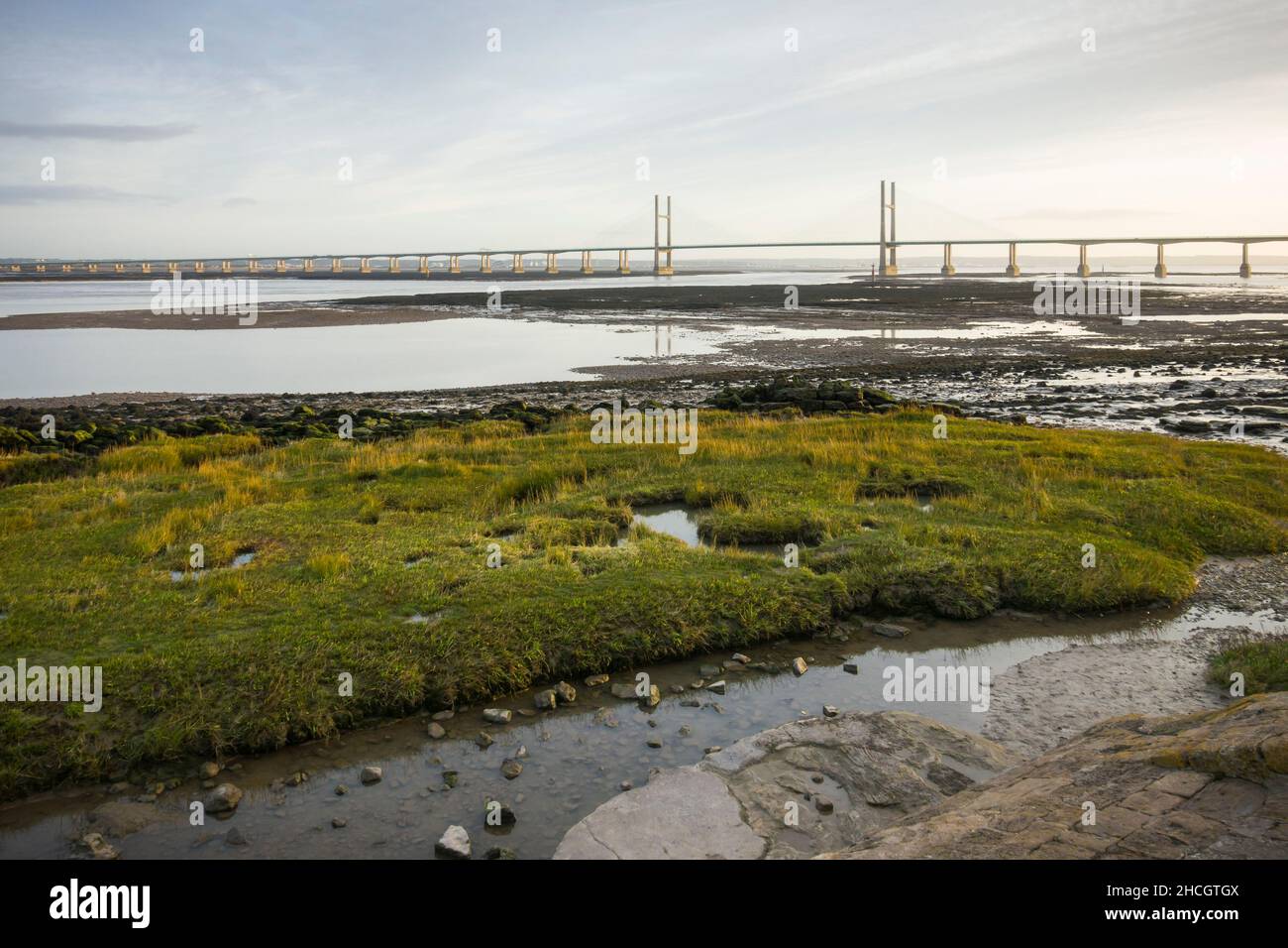 The Prince of Wales Bridge or Second Severn Crossing carrying the M4 over the Severn Estuary viewed from Black Rock, Portskewett in Gwent, Wales. Stock Photo