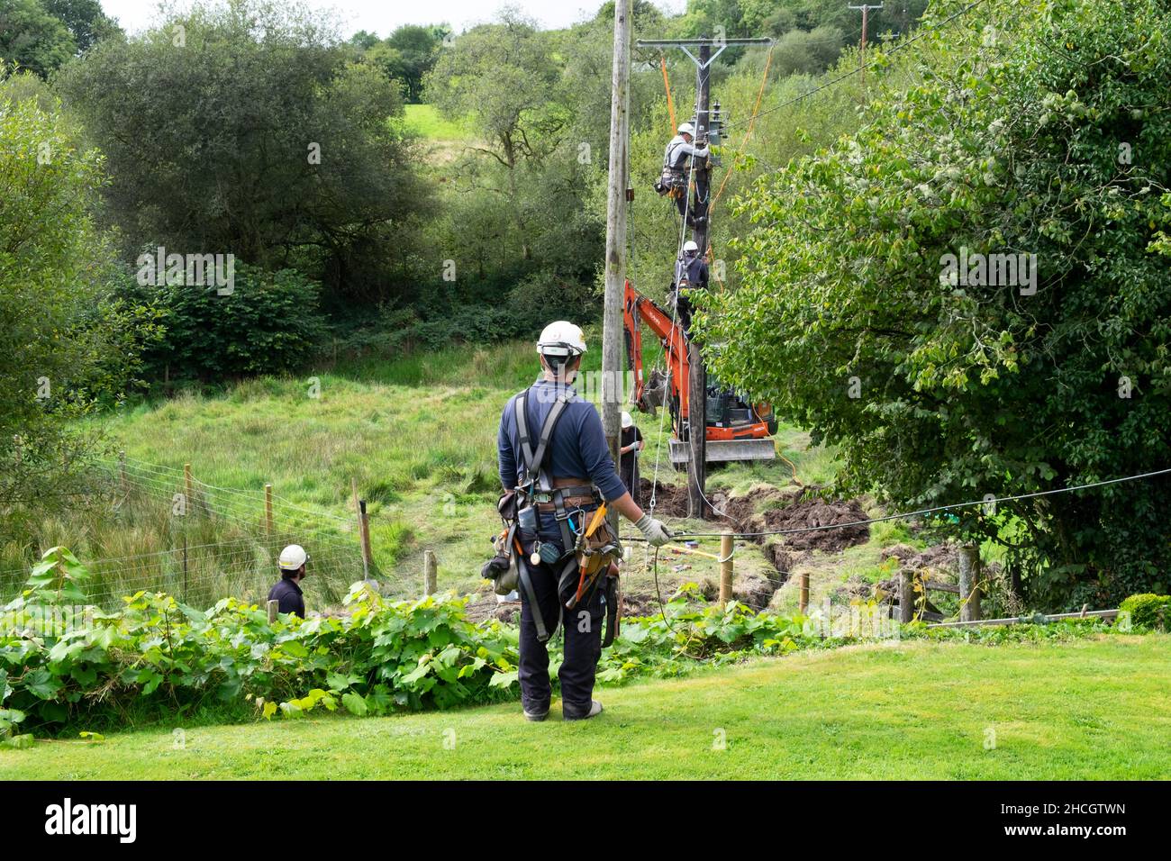 Electricity lines workmen working on utility pole and digger back view man holding cable in Carmarthenshire Wales UK 2021 Great Britain KATHY DEWITT Stock Photo