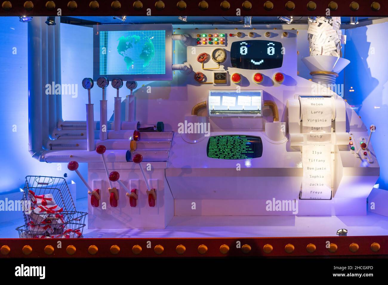 Traditional Christmas displays in the windows of Hudson Bay store which