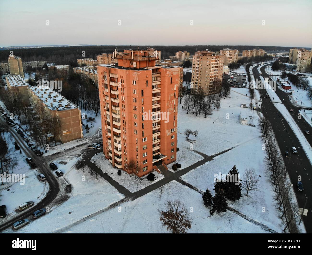 Multistorey apartment building at winter in Eiguliai district in Kaunas, Lithuania. Aerial view