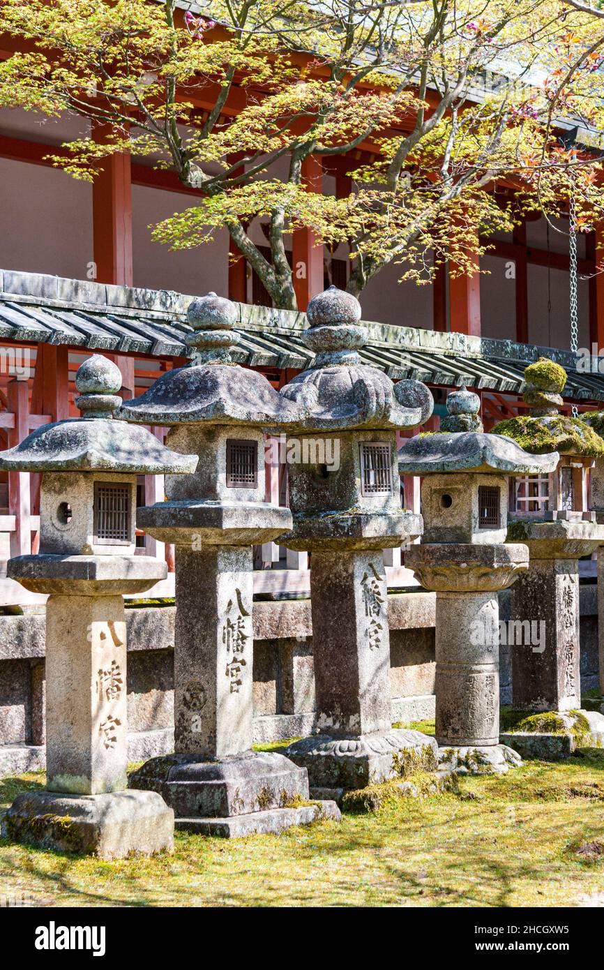 Row of sunlit Kasuga-doro type stone lanterns, toro, with a vermilion wll behind, along sando, on the approach to Tamukeyama shrine in Nara, Japan. Stock Photo