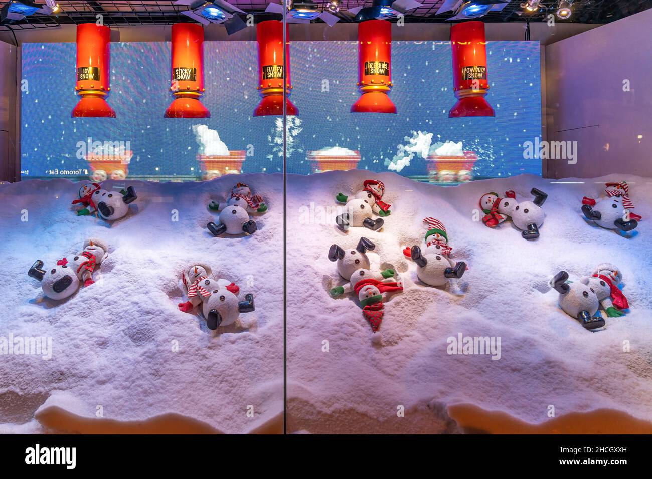 Traditional Christmas displays in the windows of Hudson Bay store which is located in Bay Street in the downtown district. Dec. 29, 2021 Stock Photo