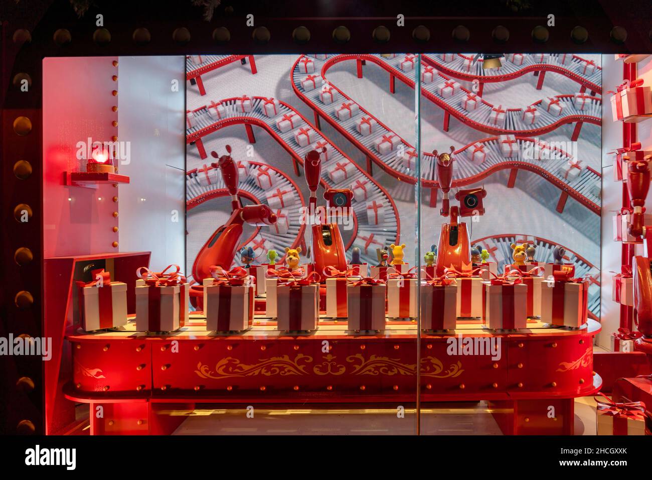 Traditional Christmas displays in the windows of Hudson Bay store which