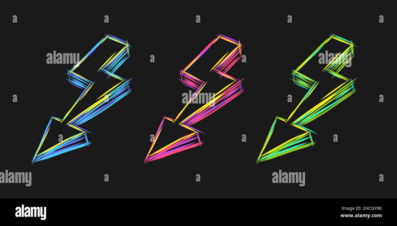 Lightning bolt neon line sketck illustration set in different colors