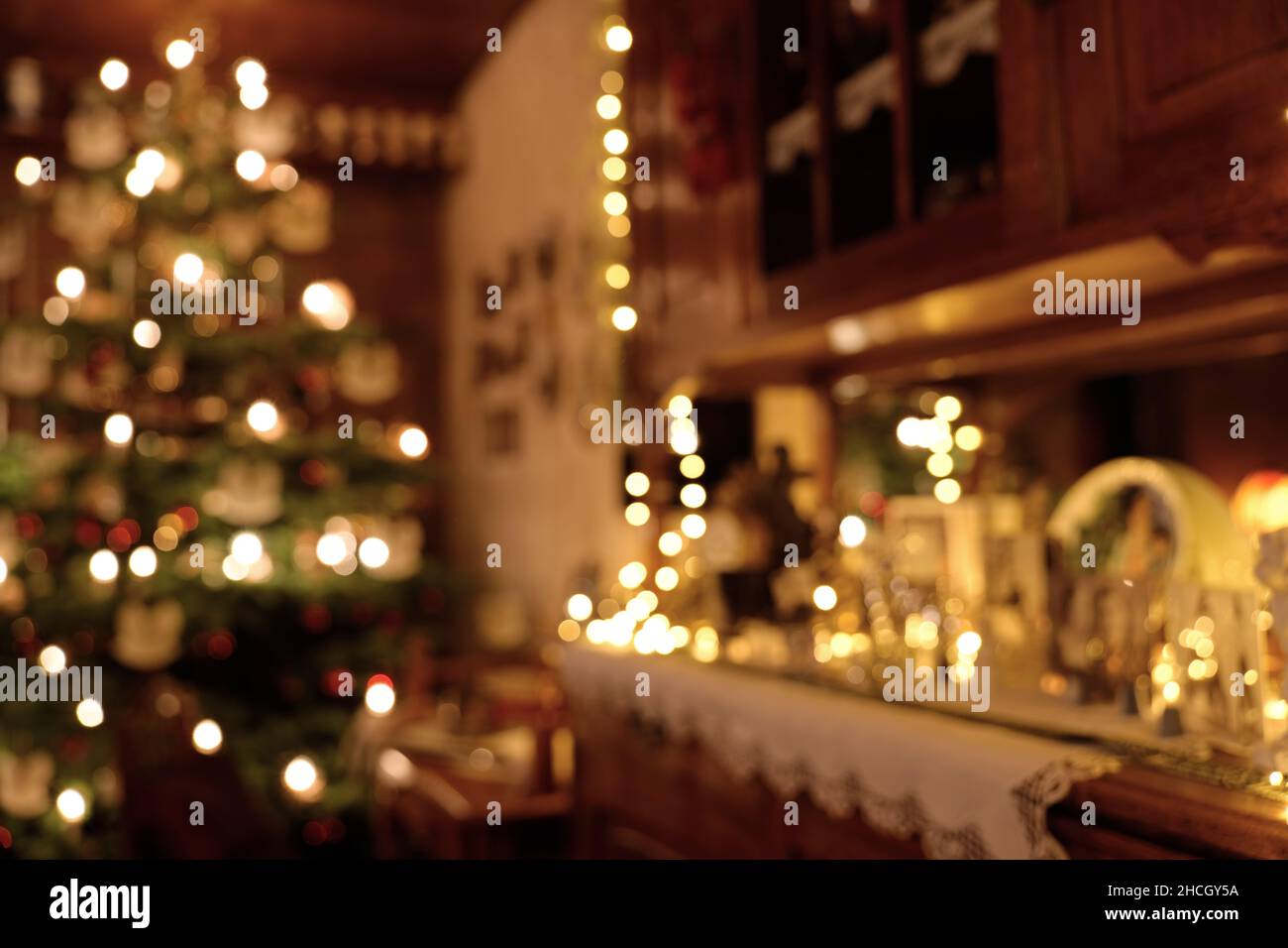 Blurred Section of Living Room Christmas Decoration with Christmas Tree Stock Photo
