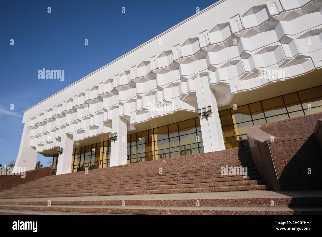 The front facade of the Turkiston Concert Hall, used for music