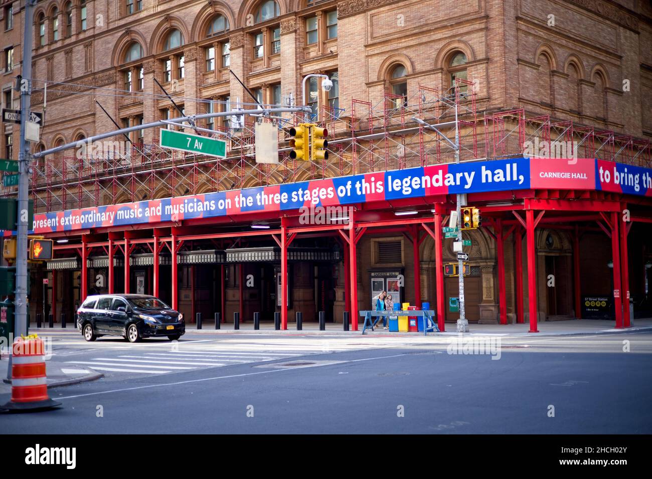 New York, NY, USA - Dec 28, 2021: Scaffolding around Carnegie Hall to prior to exterior work on the building Stock Photo