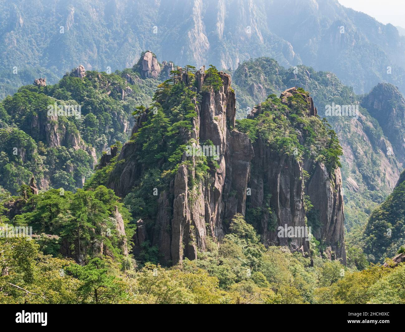 Rock at the yellow mountains with a beautiful blue sky on a summer day, Huangshan mountains, Anhui, Huangshan, China, Asia, Stock photo Stock Photo