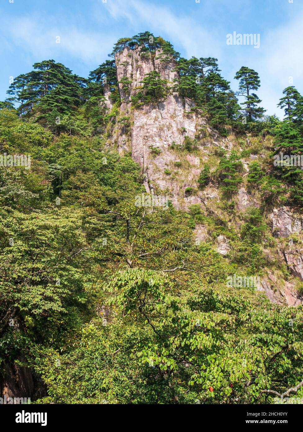 Rock at the yellow mountains with a beautiful blue sky on a summer day, Huangshan mountains, Anhui, Huangshan, China, Asia, Stock photo Stock Photo