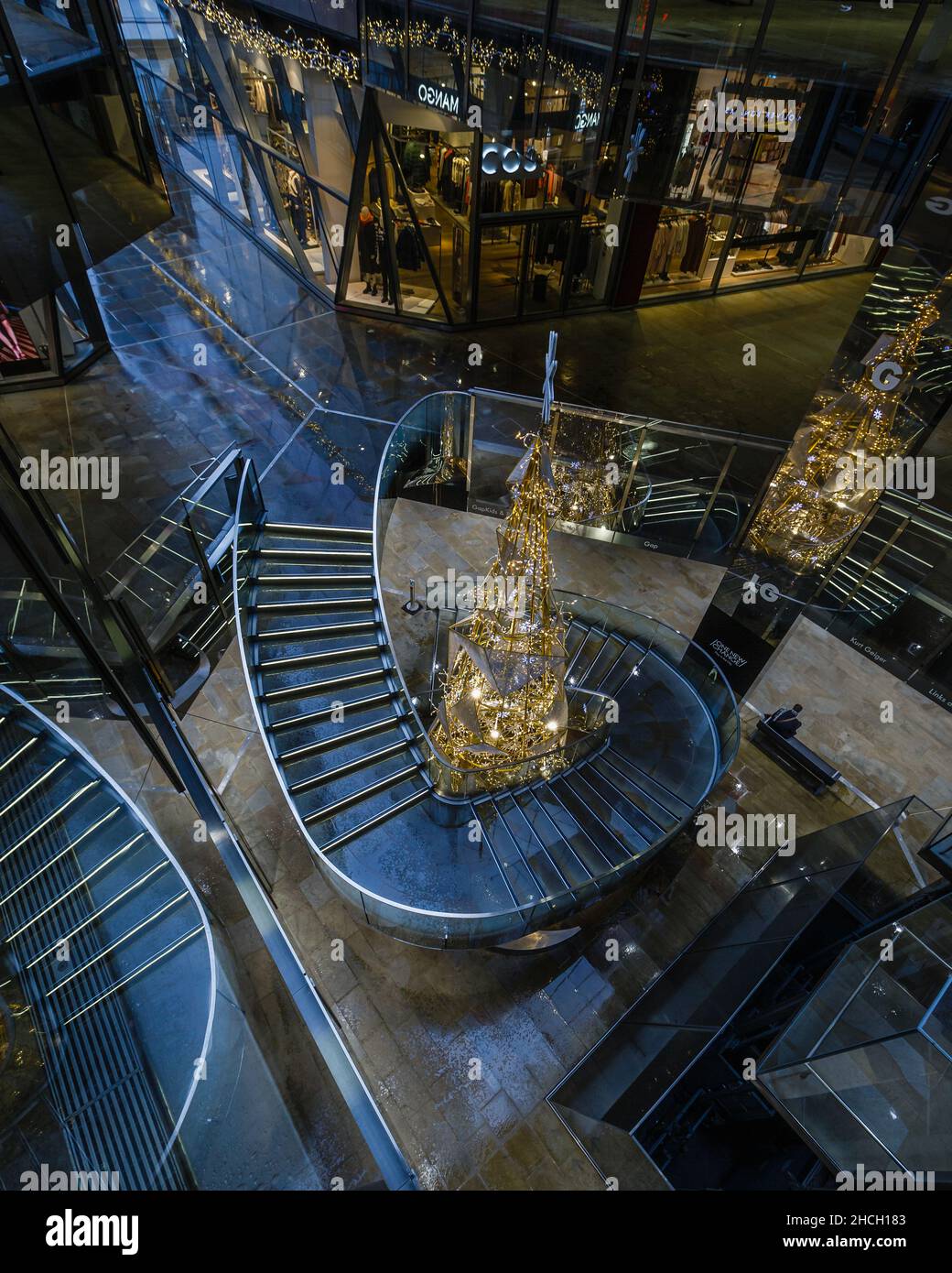 The view of the Christmas tree at the One New Change shopping centre in the city of London. Stock Photo