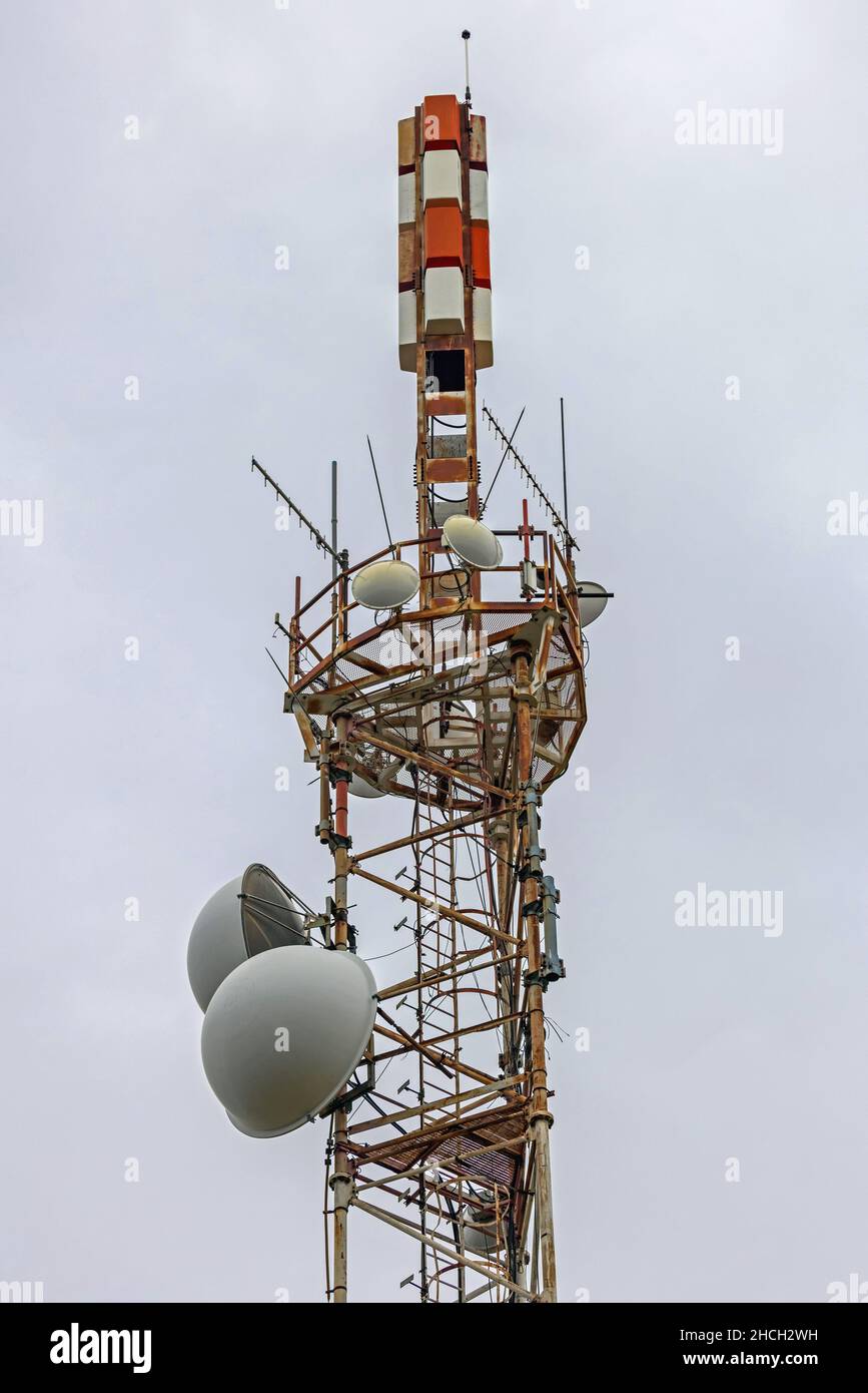 TV Tower Communication Antennas With Lightning Rod at Top Stock Photo