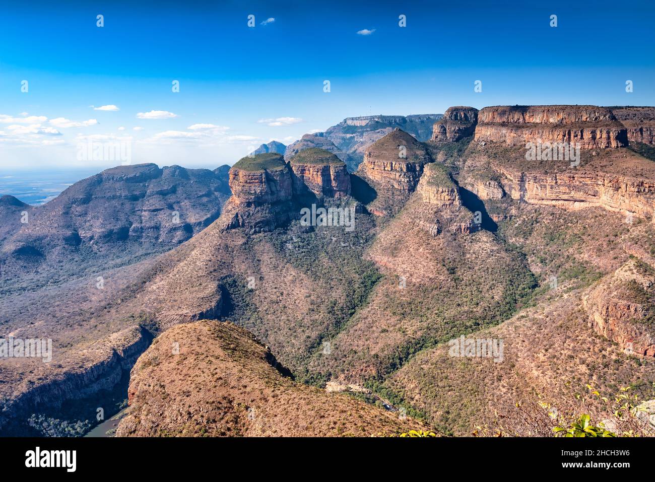 The Three Rondavels in Blyde River Canyon, South Africa. They are three round, grass-covered mountain tops with somewhat pointed peaks Stock Photo