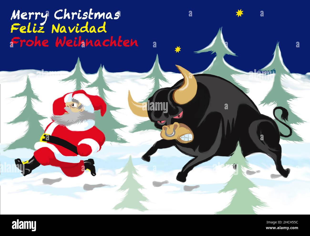 Father Christmas flees from bull through fir forest, international Christmas card Stock Photo