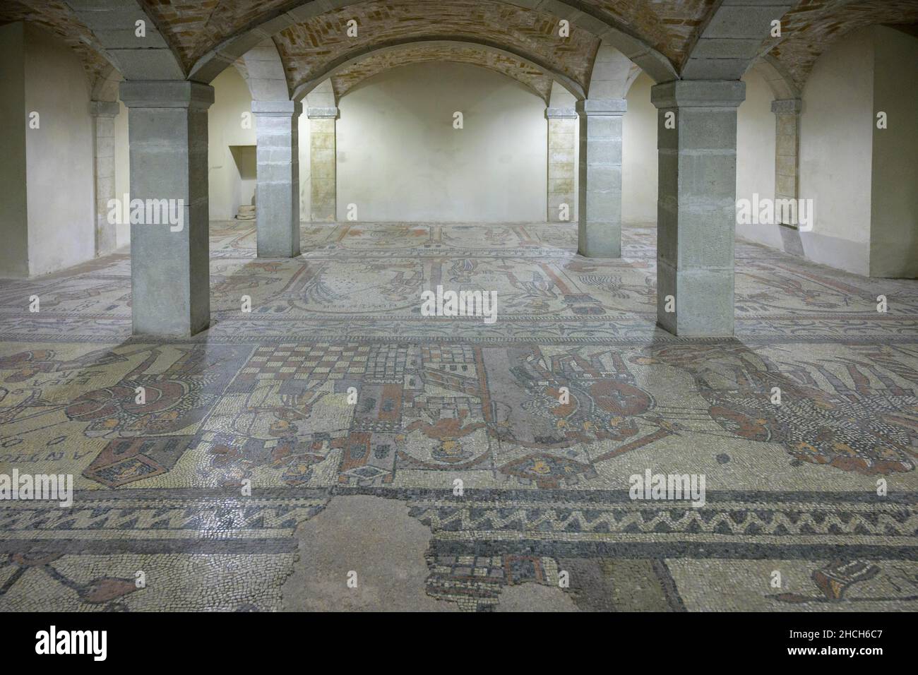 12th century mosaic floor in the Abbey of San Colombano, Bobbio, Piacenza, Italy Stock Photo