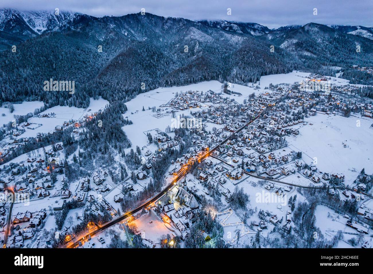 Zakopane Snow Covered Cityscape with Giewont Mount. Drone View Stock