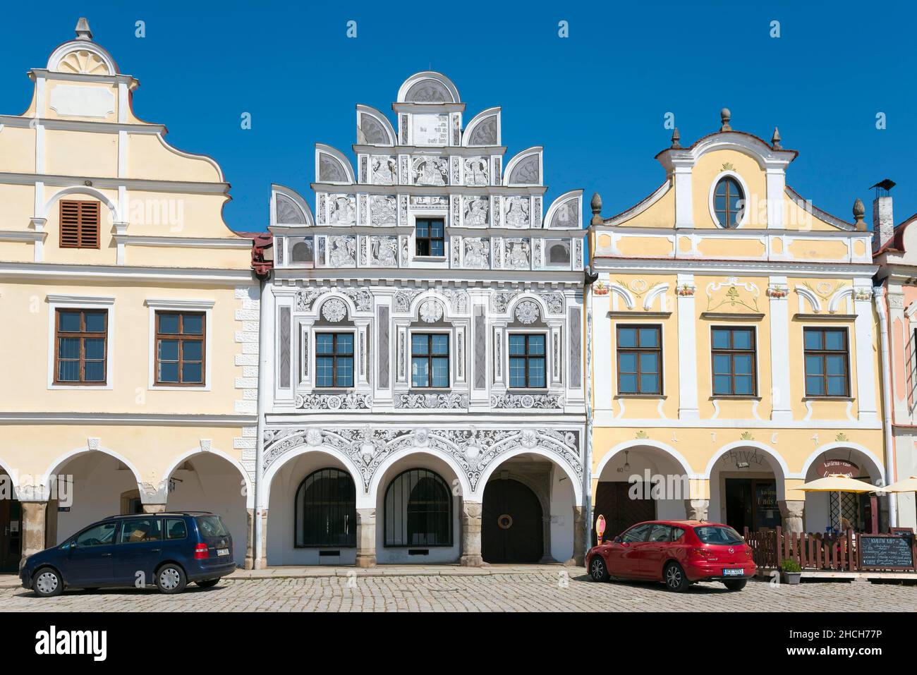 Sgraffito facade, town house, market square, old town, Telc, Tel, Okres Jihlava, district Jihlava, Kraj Vysocina, Moravia, Czech Republic Stock Photo