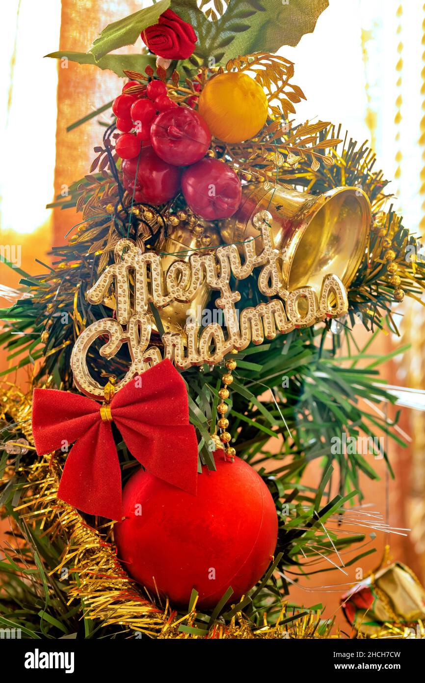 Christmas tree decoration background with Christmas ball. Mauritius, East Africa Stock Photo