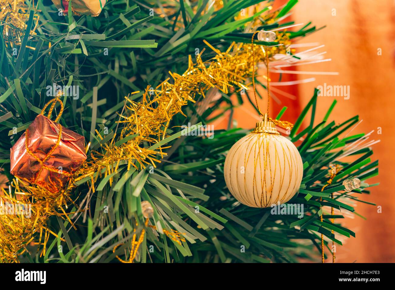 Christmas tree decoration background with Christmas ball. Mauritius, East Africa Stock Photo