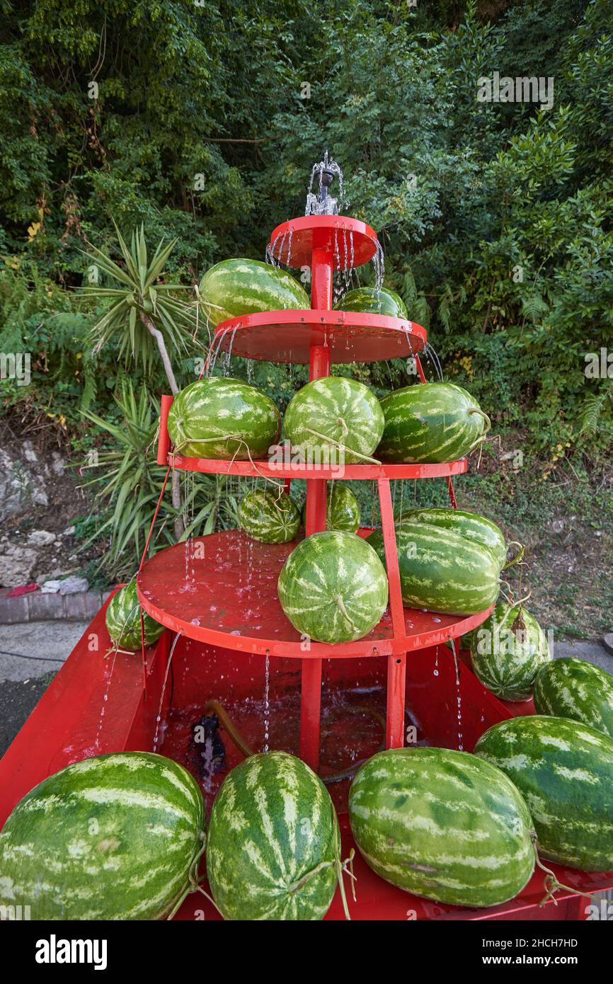 Stand with water and watermelons for trade. Stock Photo