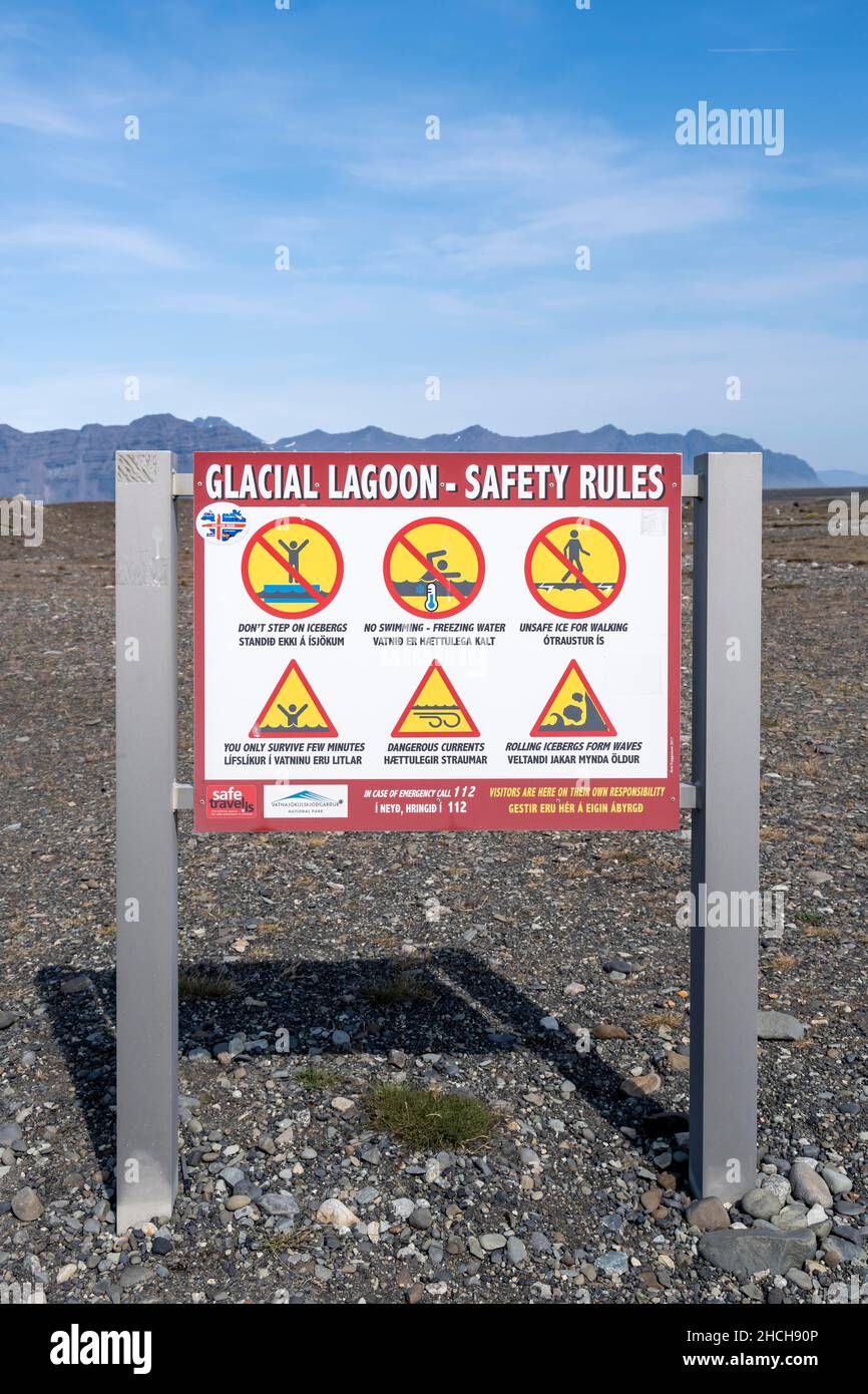 Rules, warning sign for safety at an ice lagoon, Hornafjoerour, Iceland Stock Photo