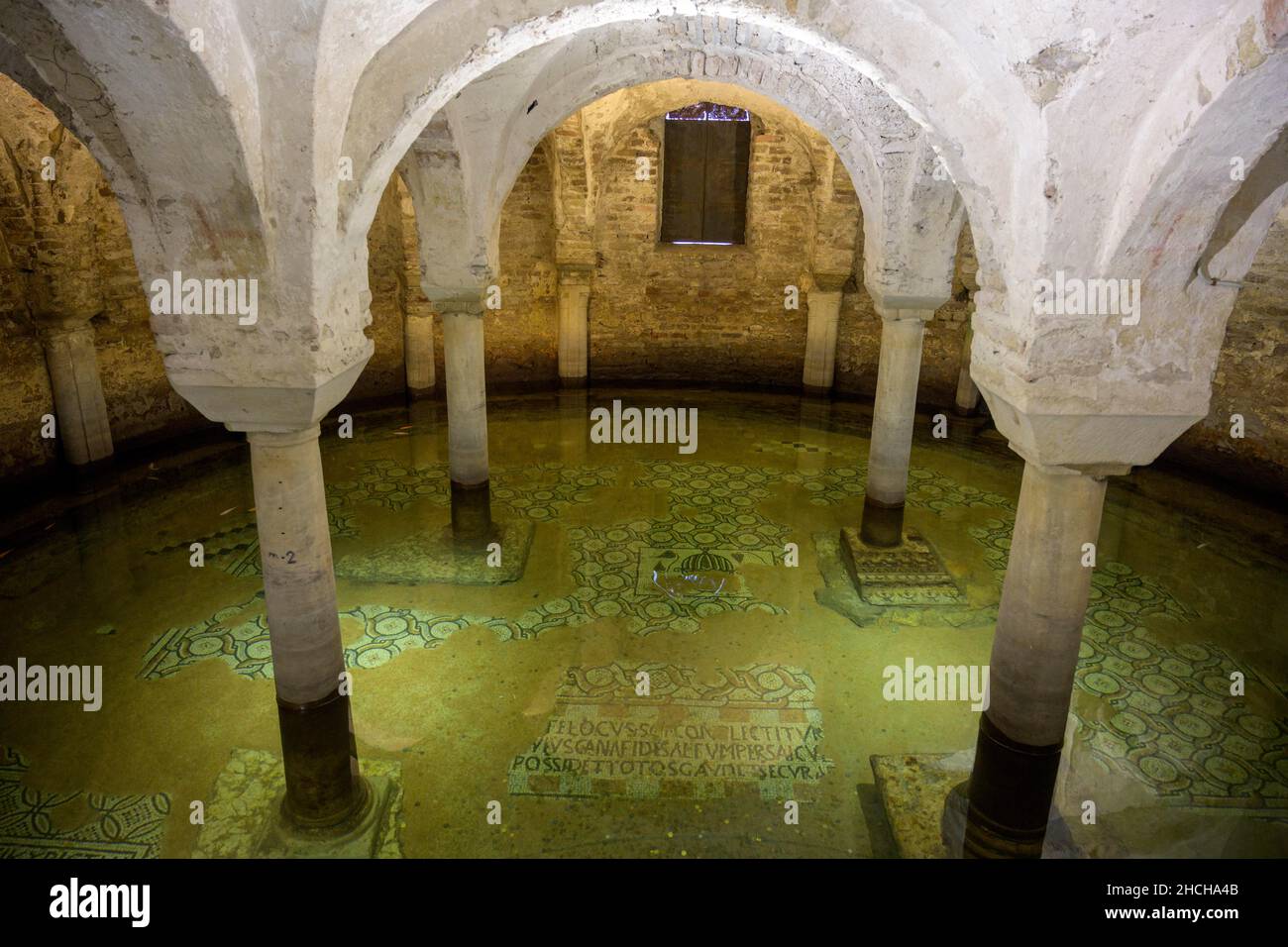 Flooded floor mosaic in the crypt of the Basilica di San Pietro Maggiore in San Francesco, Ravenna, Province of Ravenna, Italy Stock Photo