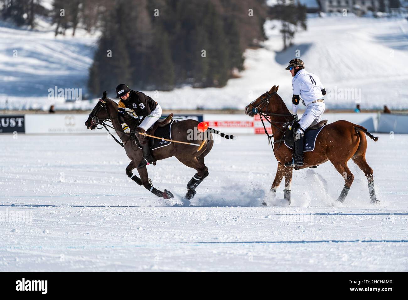 Fabio Meier of Team Maserati chases Nic Roldan (black) of Team Badrutt's Palace Hotel trying to hit the ball, 36th Snow Polo World Cup St. Moritz Stock Photo