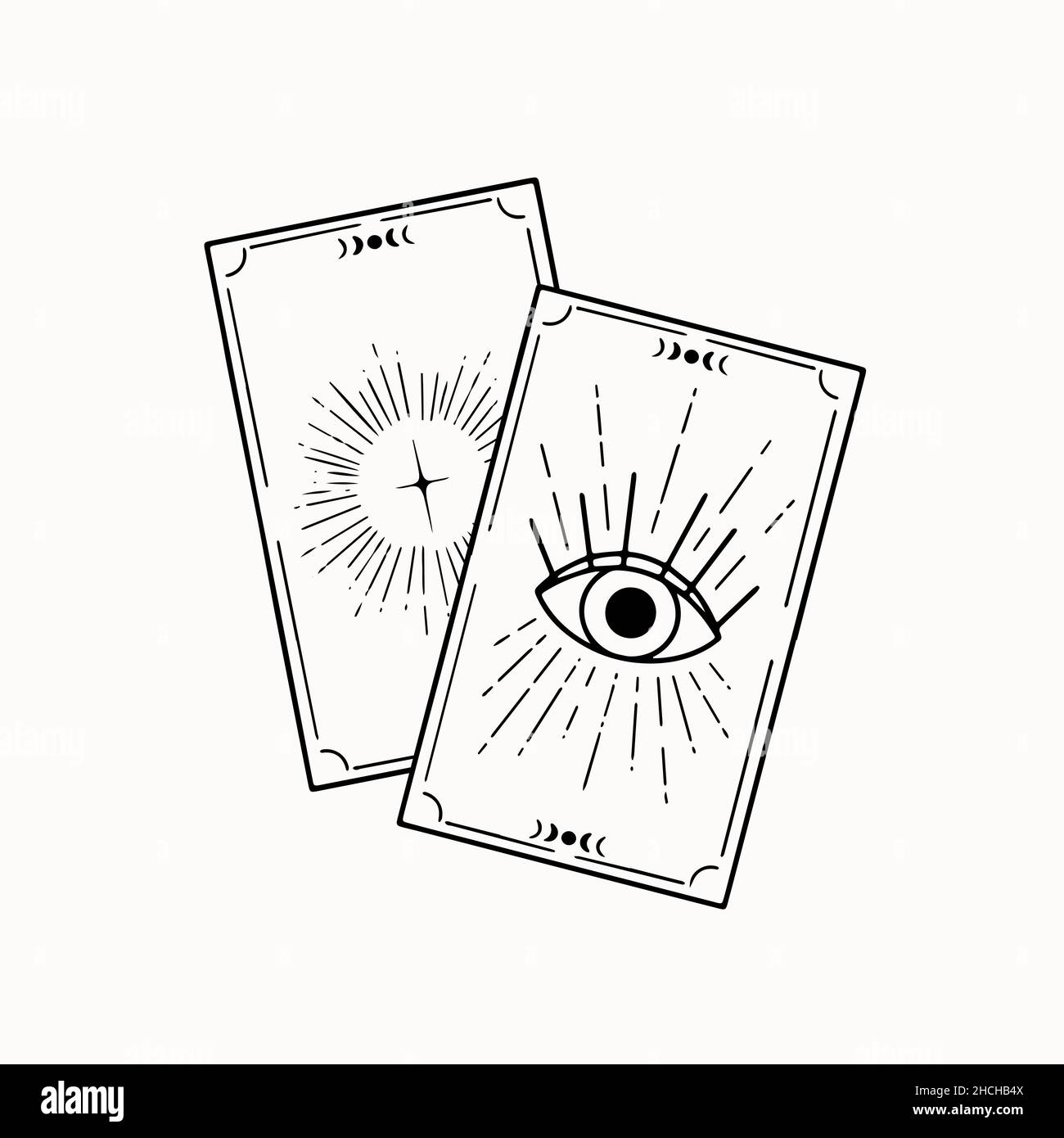 Line art of two mystical esoteric taro cards. Fortune telling icon. Hand drawn celestial mystic boho style astrology element, witchcraft outline symbo Stock Vector