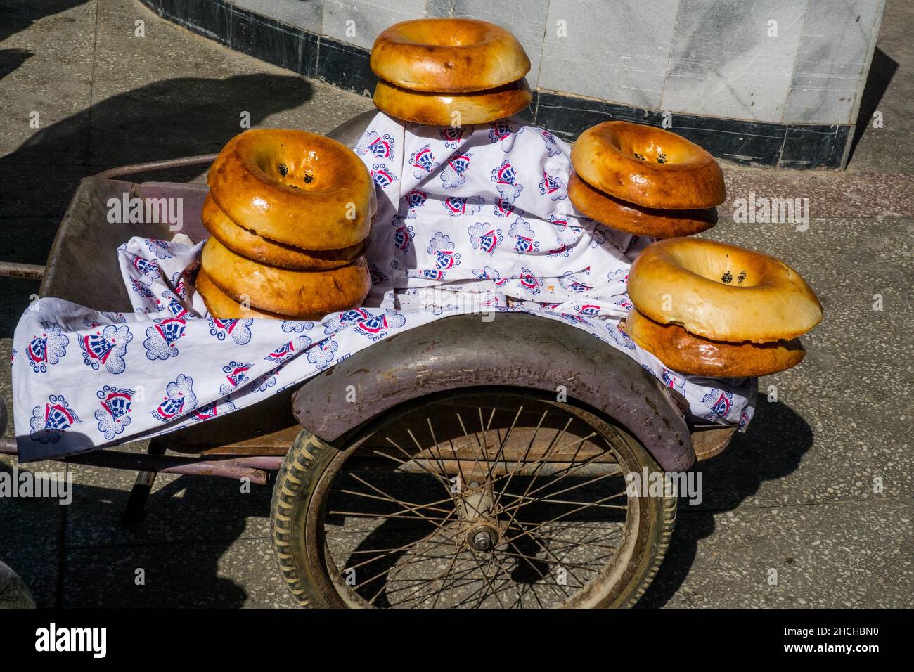 Typical decorated Uzbek bread, Siab bazaar, typical oriental, Samarkand ...