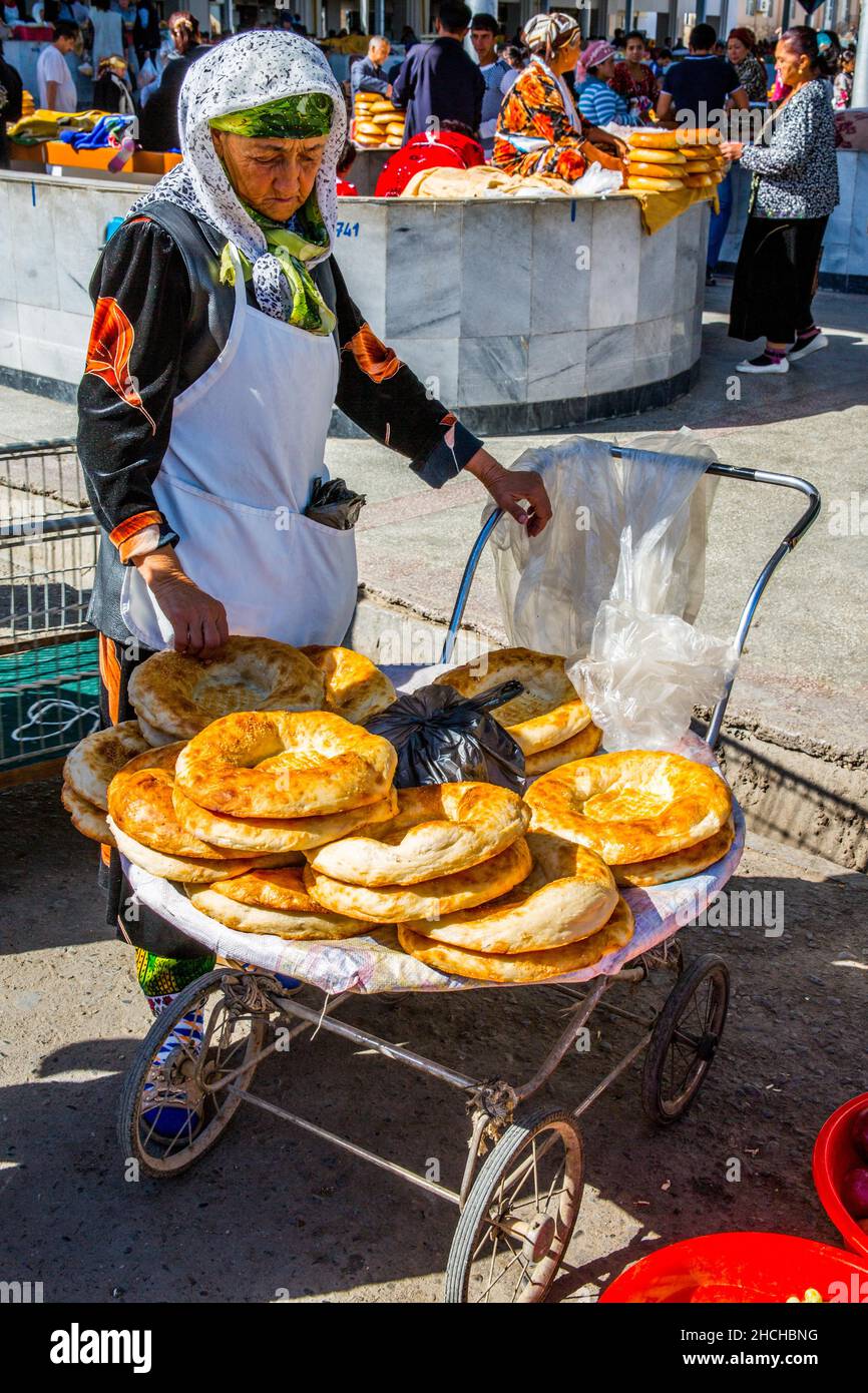 Typical decorated Uzbek bread, Siab bazaar, typical oriental, Samarkand ...