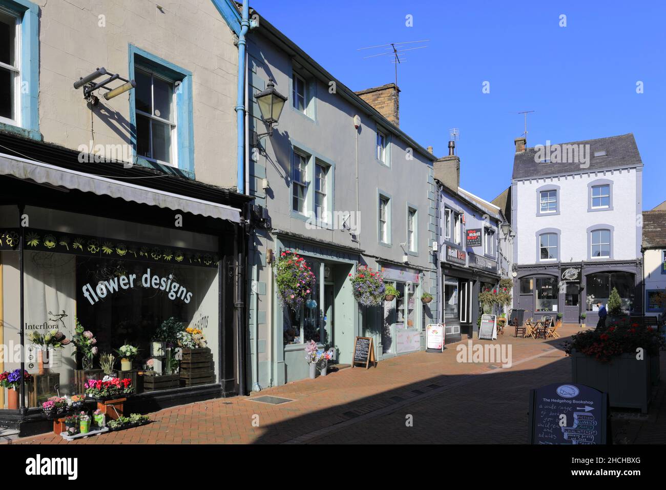 Architecture and shops in Little Dockray street, Penrith town, Cumbria