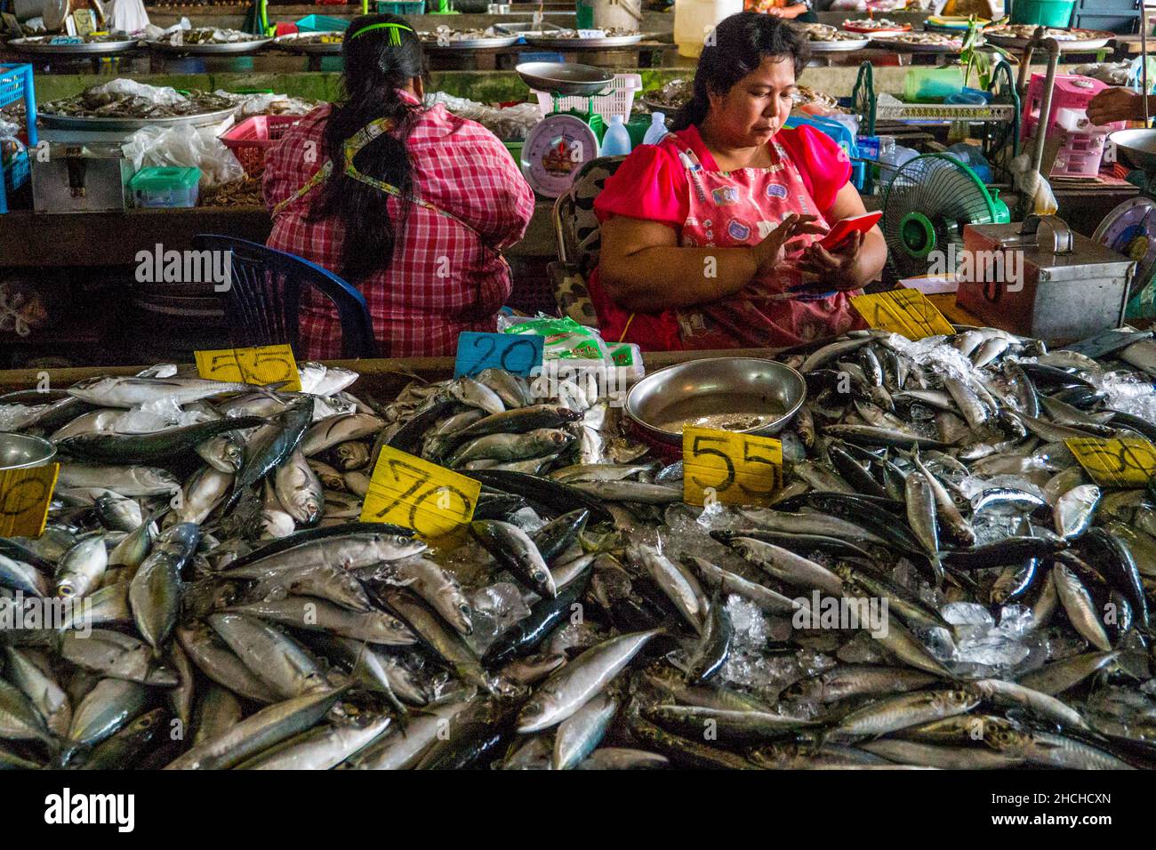 Fish stall, market in Takua Pa fish stall, market in Takua Pa, Takua Pa, Phang Nga, Thailand Stock Photo