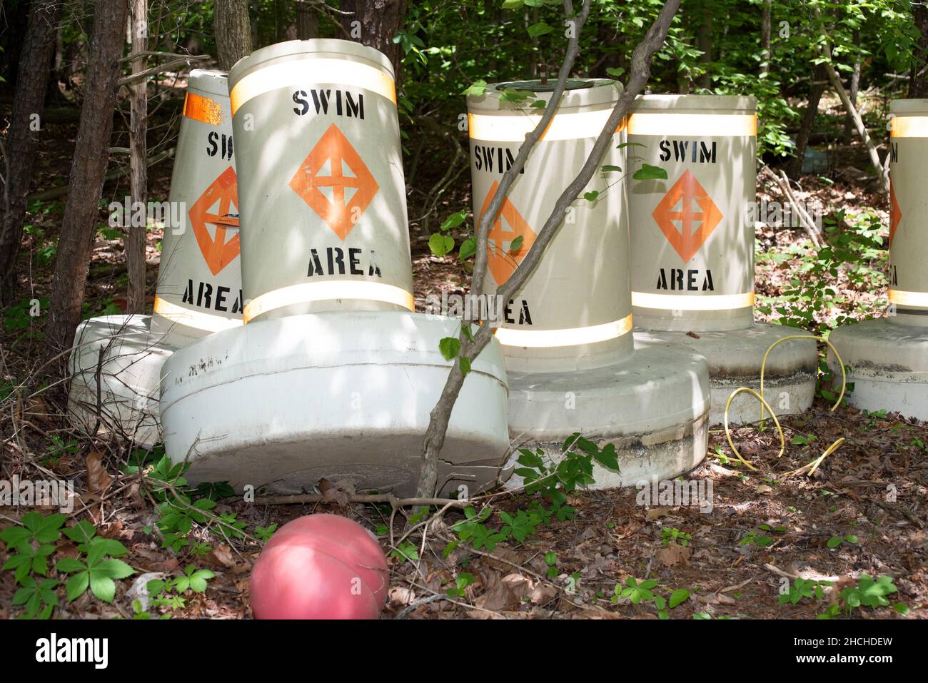 "Swim Area" buoys in storage on land Stock Photo Alamy
