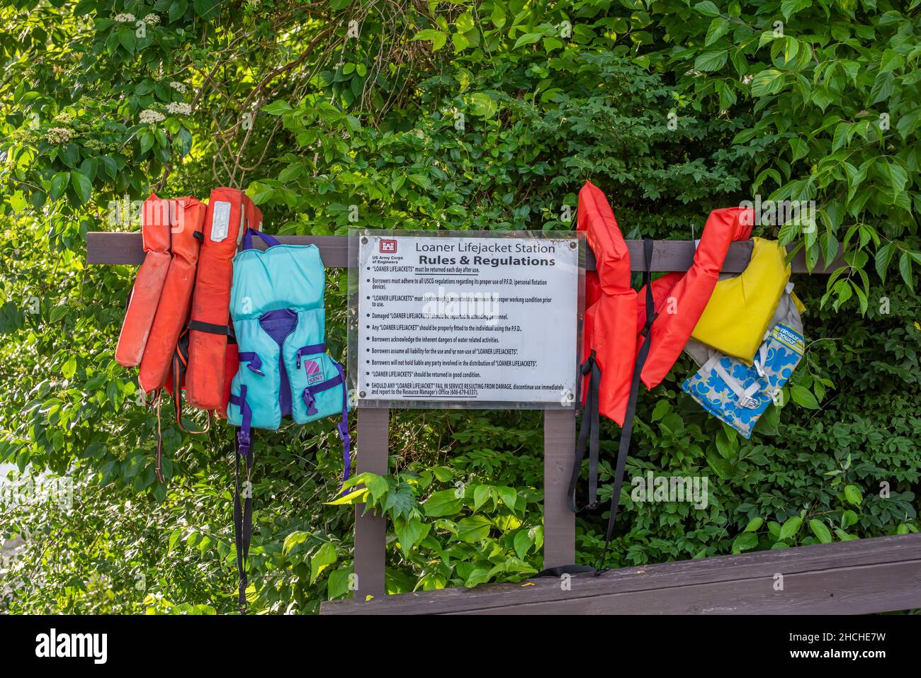 Loaner Lifejacket Station at US Army Corps of Engineers campground Stock Photo