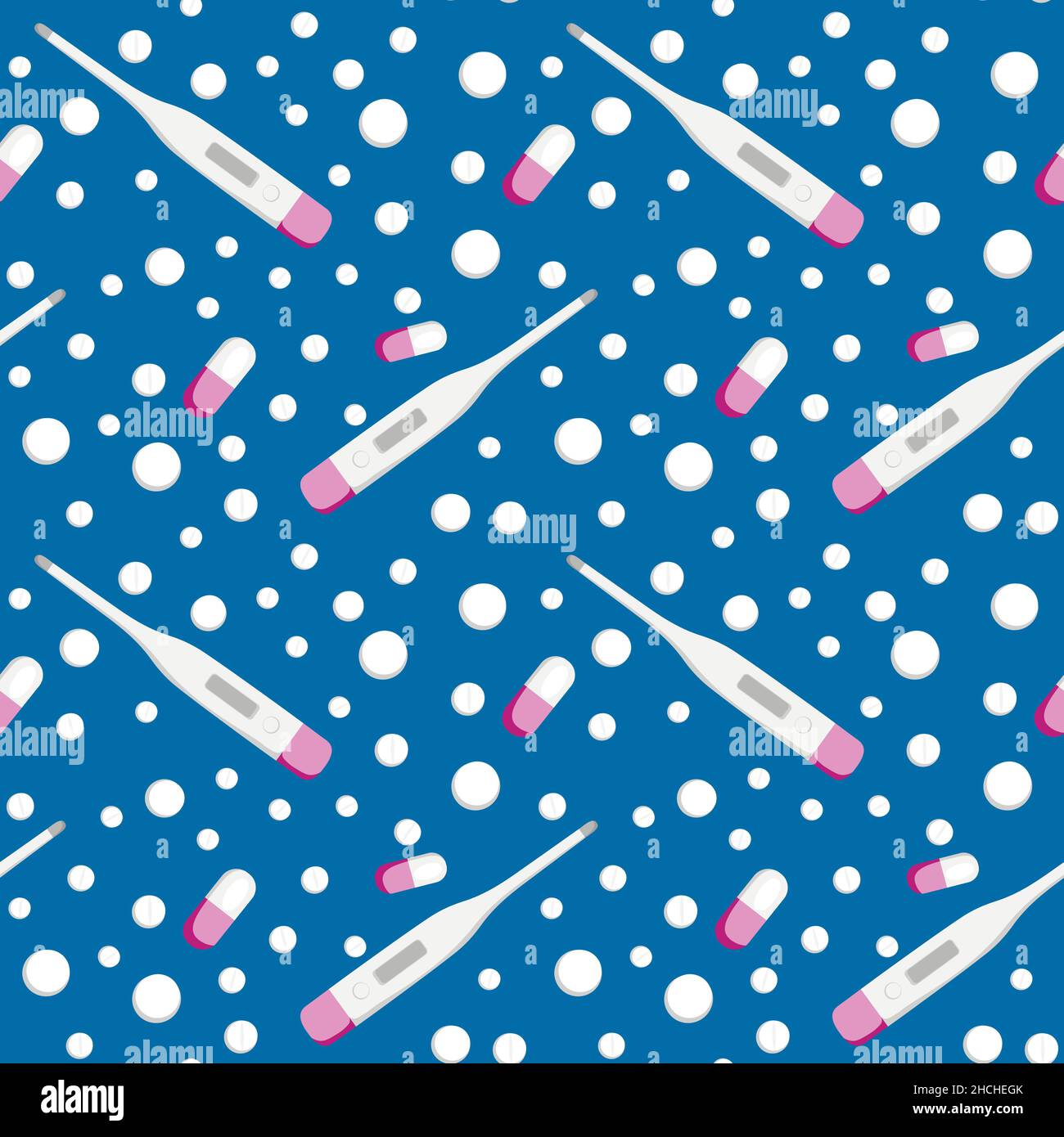 Seamless pattern on a square background - medicine. Thermometer and tablets or vitamins. Design element of books, notebooks, postcards, interior items. Wallpapers, textiles, packaging, background for a website, mobile application or blog. disease, health, epidemic, viruses, treatment, hospital Stock Vector