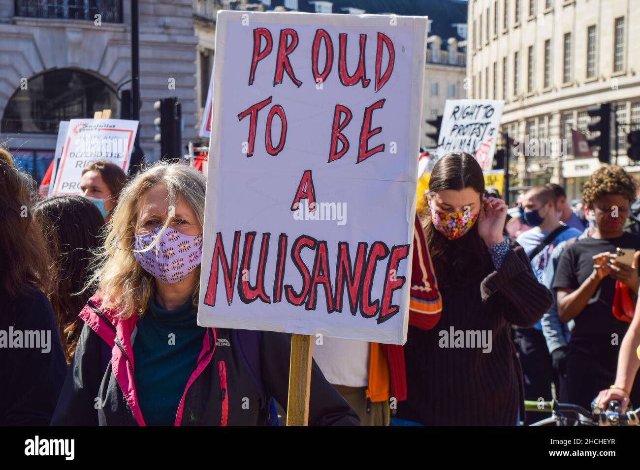 London, United Kingdom. 17th April 2021. Demonstrators at the Kill The Bill protest in Piccadilly Circus. Crowds once again marched through Central London in protest of the Police, Crime, Sentencing and Courts Bill. Stock Photo
