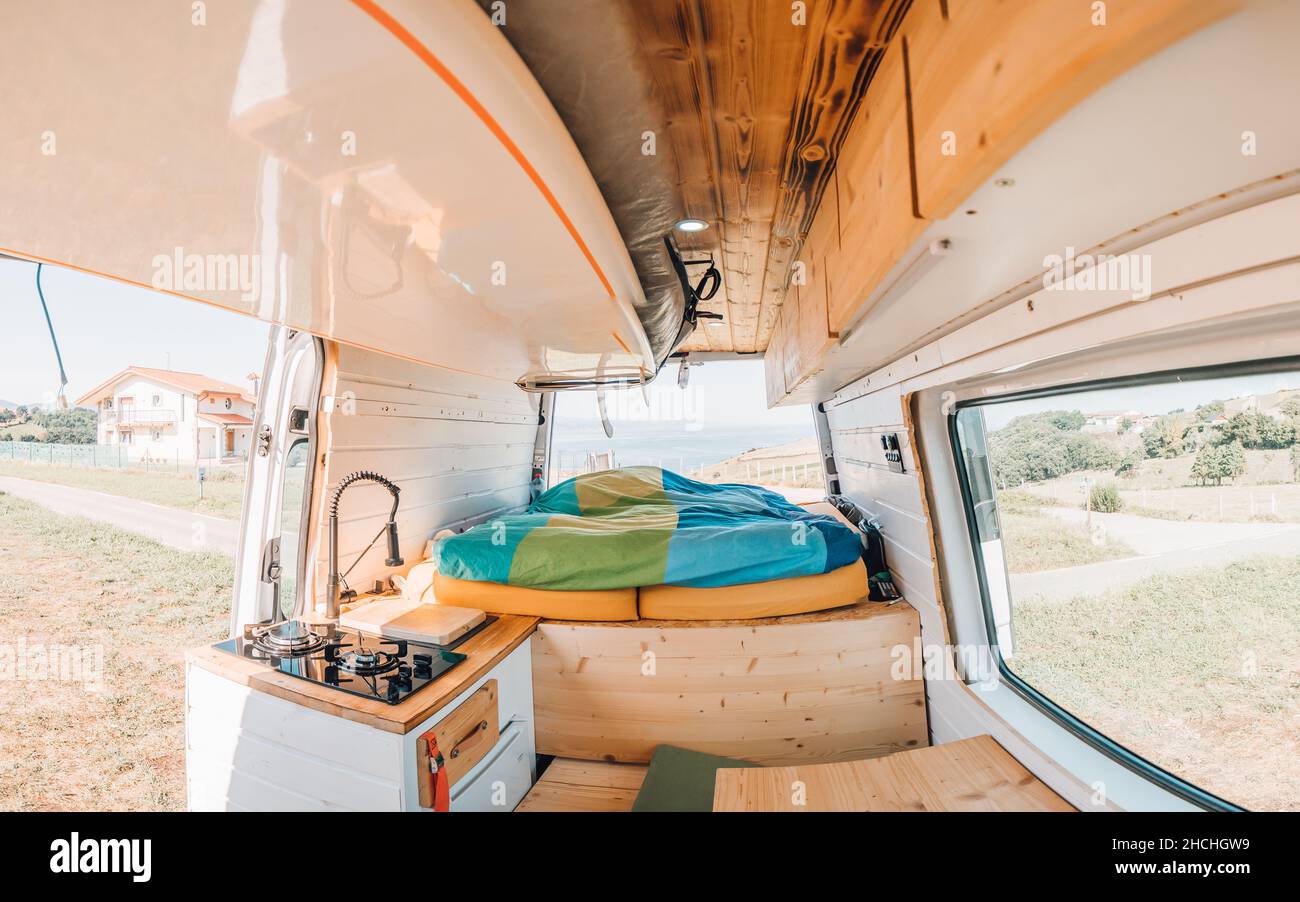 Interior of an RV trailer with sleeping bags Stock Photo Alamy