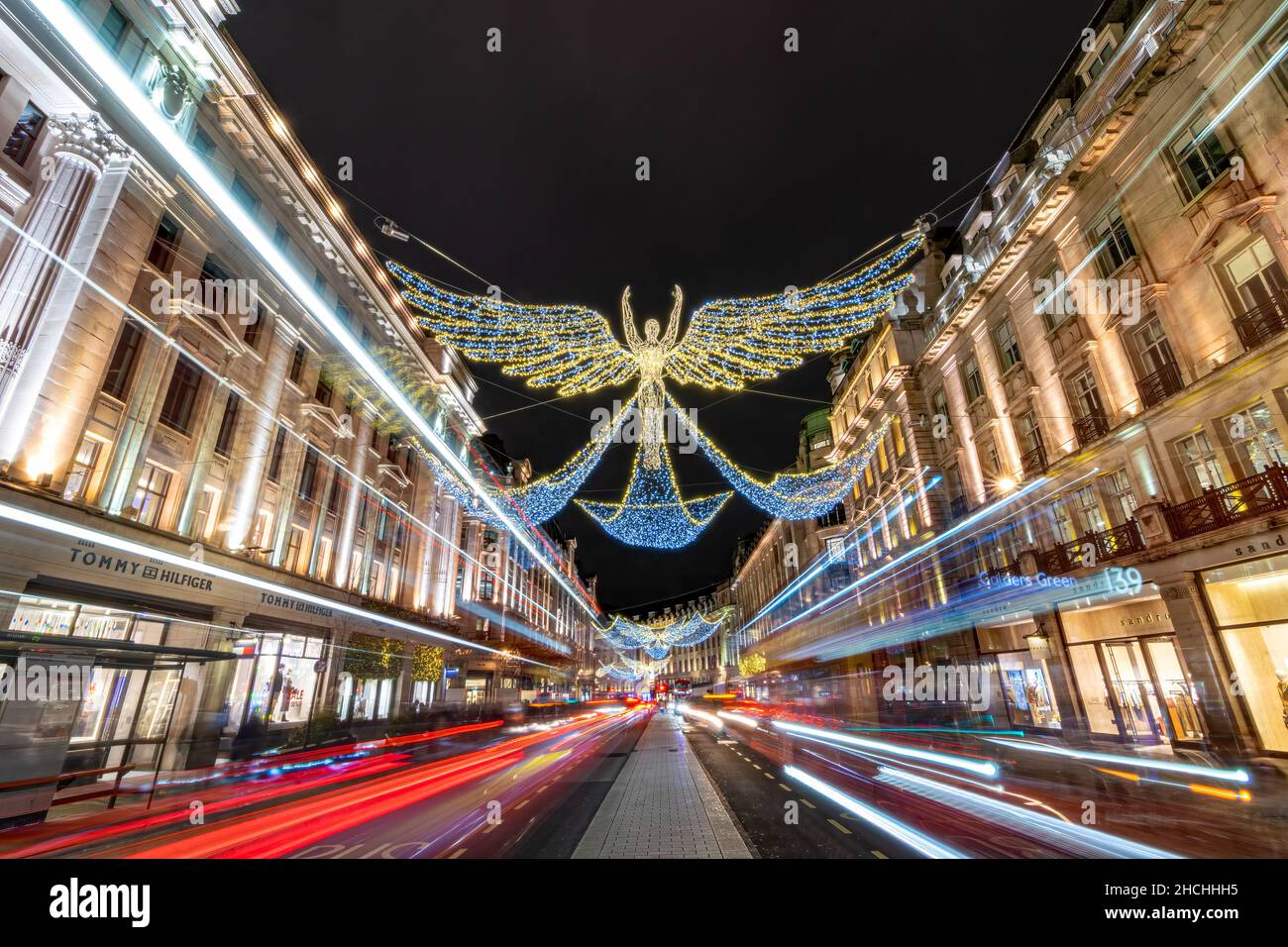 London, United Kingdom December 28th 2021 Regent Street Angels Christmas lights display long