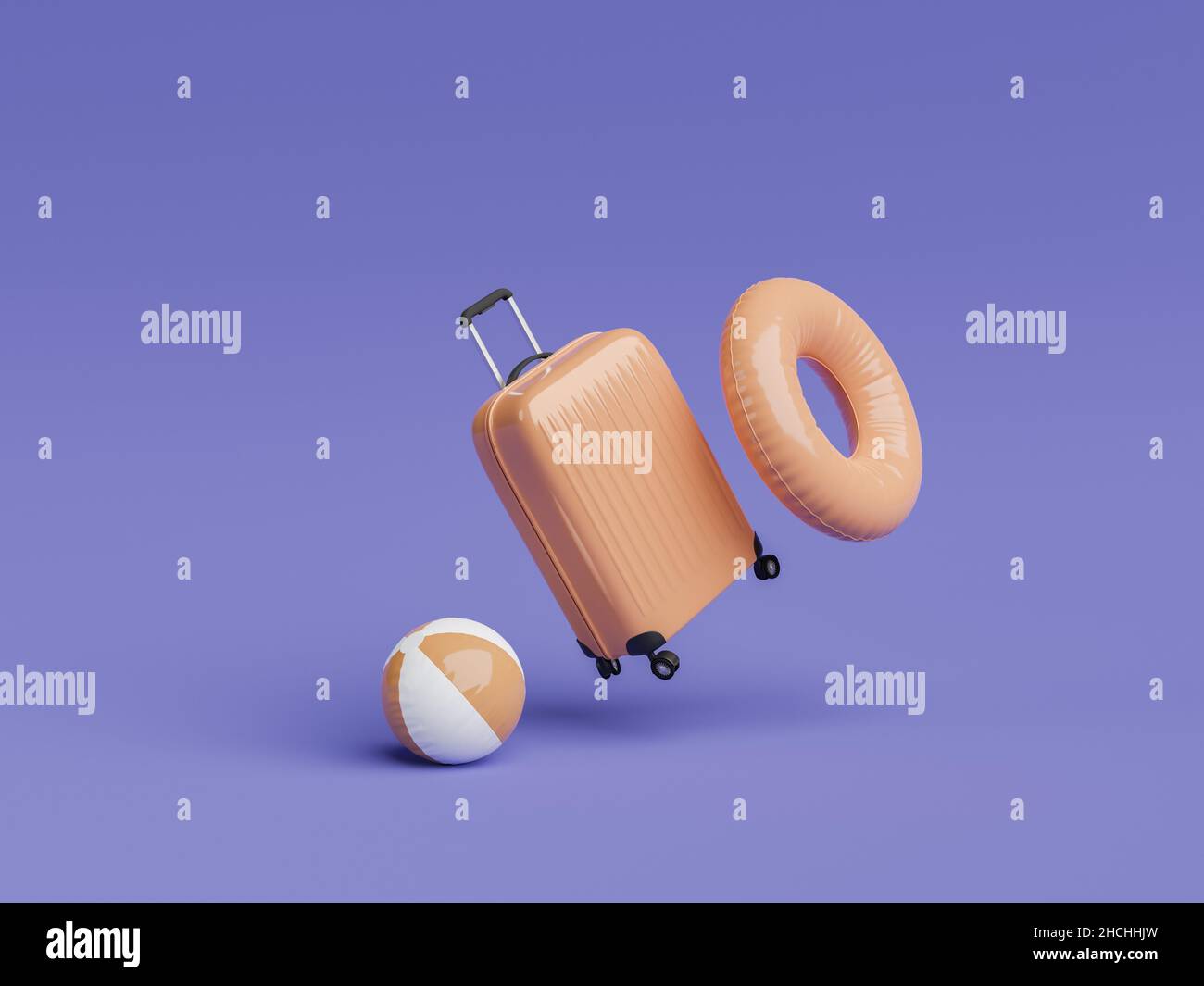 suitcase with beach ball and ring float floating in the air. color of