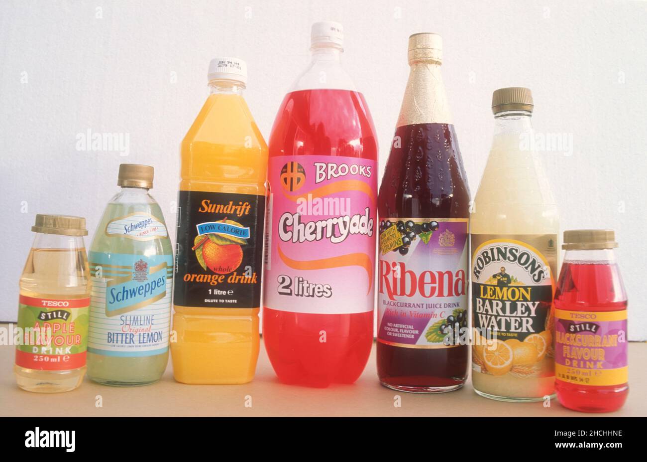 Variety of soft drinks containing sugar, additives; and artifical colouring UK Stock Photo