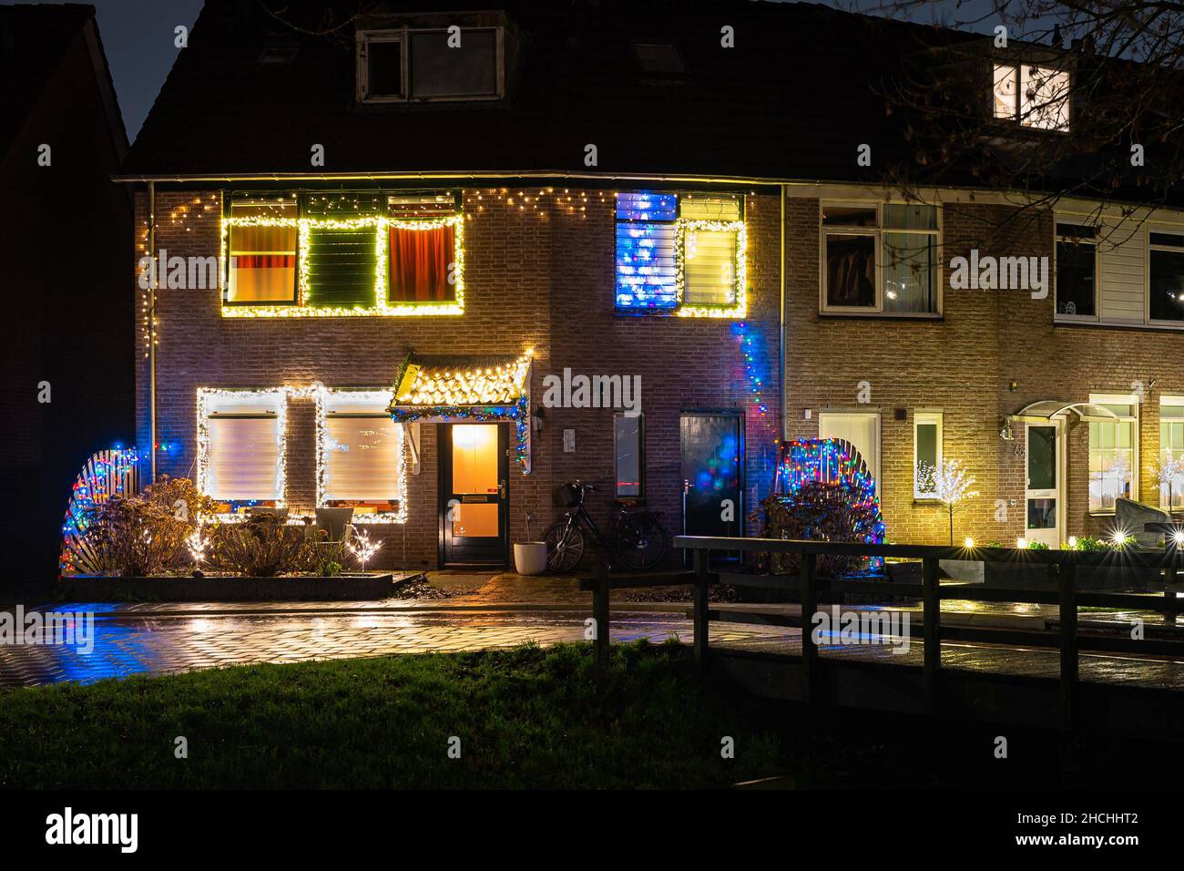 Night view of Christmas decoration on the front of a house in a Dutch town Stock Photo