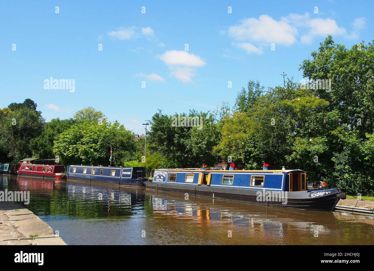 Narrowboats moored on the Thanet Canal or Springs branch of the Leeds and Liverpool canal which runs from Skipton to Skipton Castle. Stock Photo