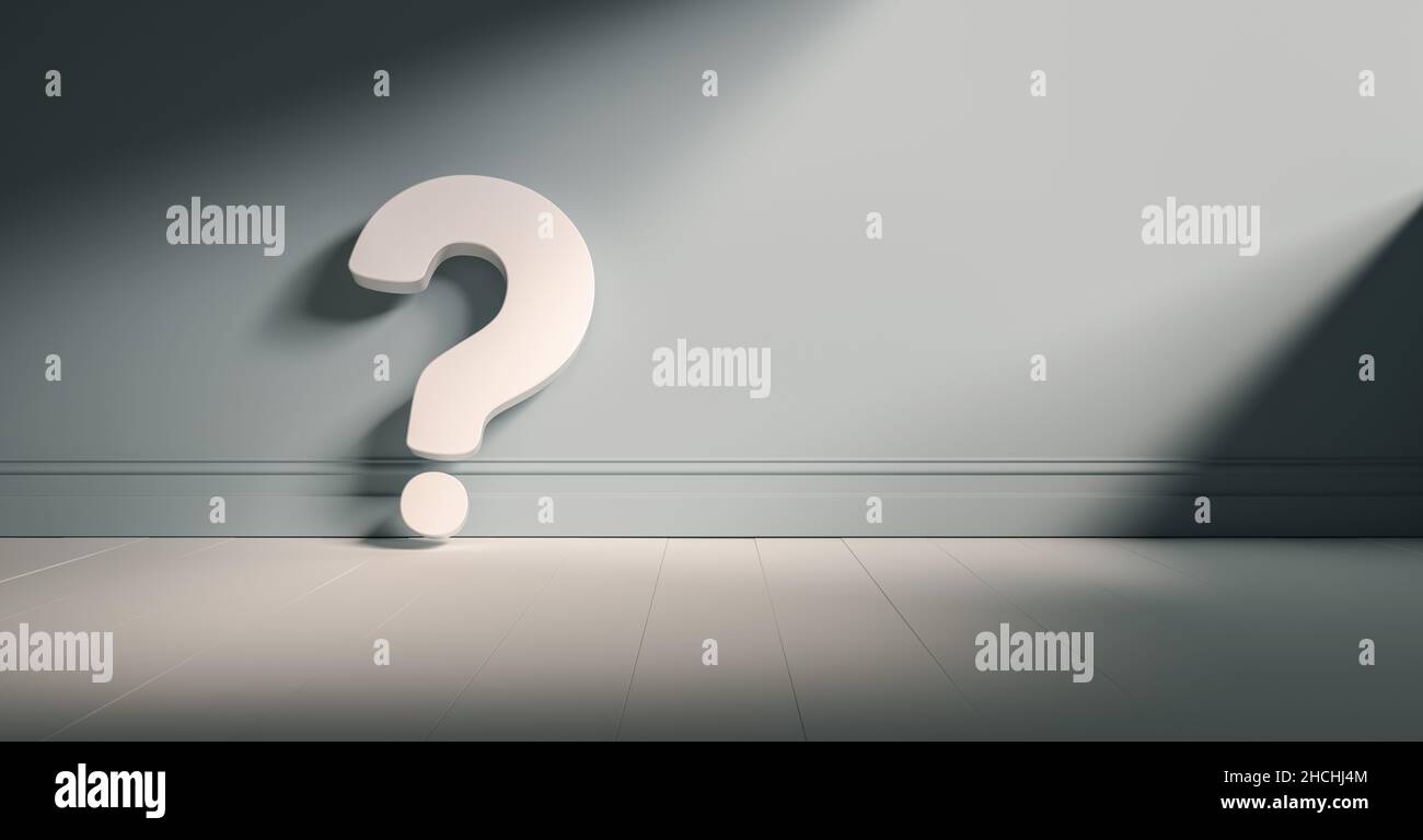 Question mark on blue background wall, empty room, banner, space for text. Stock Photo
