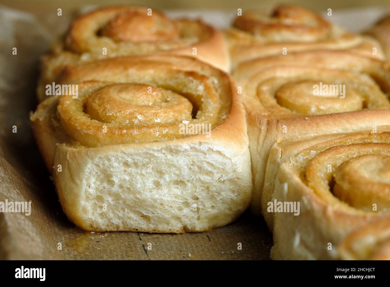 A tray of freshly baked bach of home made, lemon swirl Chelsea buns. The buns are still as baked and not separated on baking paper Stock Photo