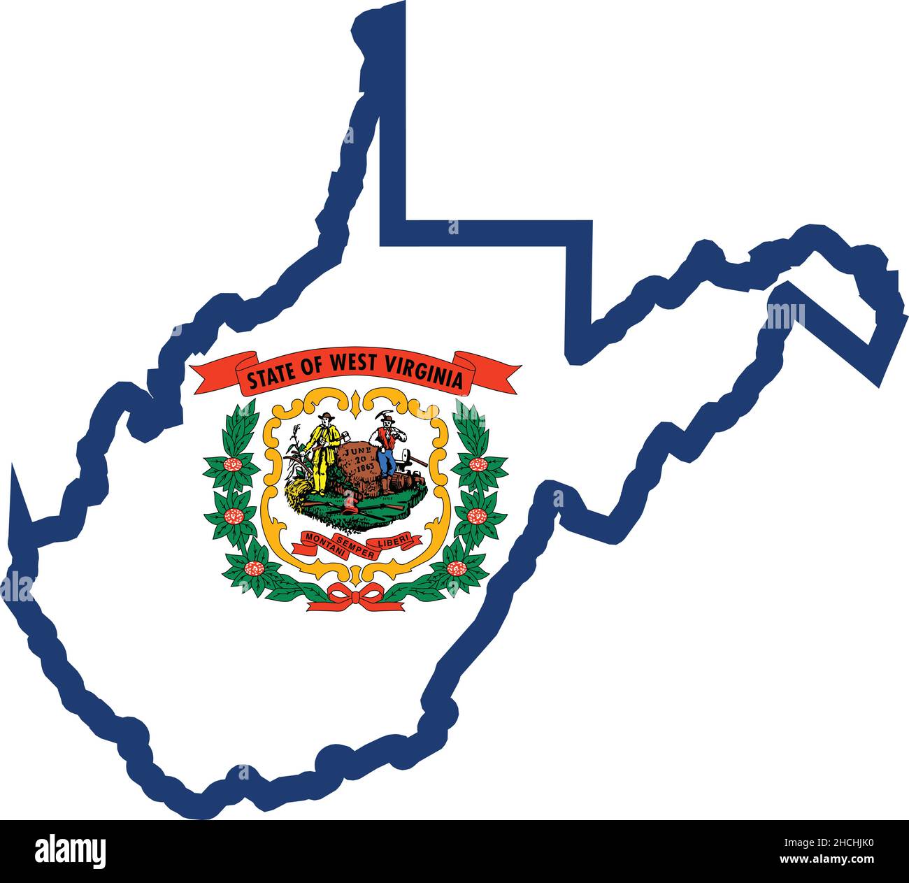 Simple flat flag administrative map of the Federal State of West Virginia, USA Stock Vector